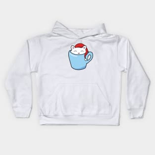 Cute Christmas cat sitting in a blue cup Kids Hoodie